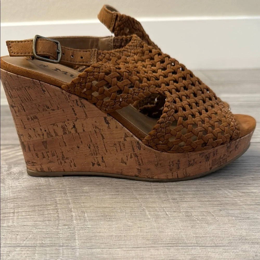 Mudd Brown Woven Sandals with Slingback Design & Cork Heel - Picture 2 of 5